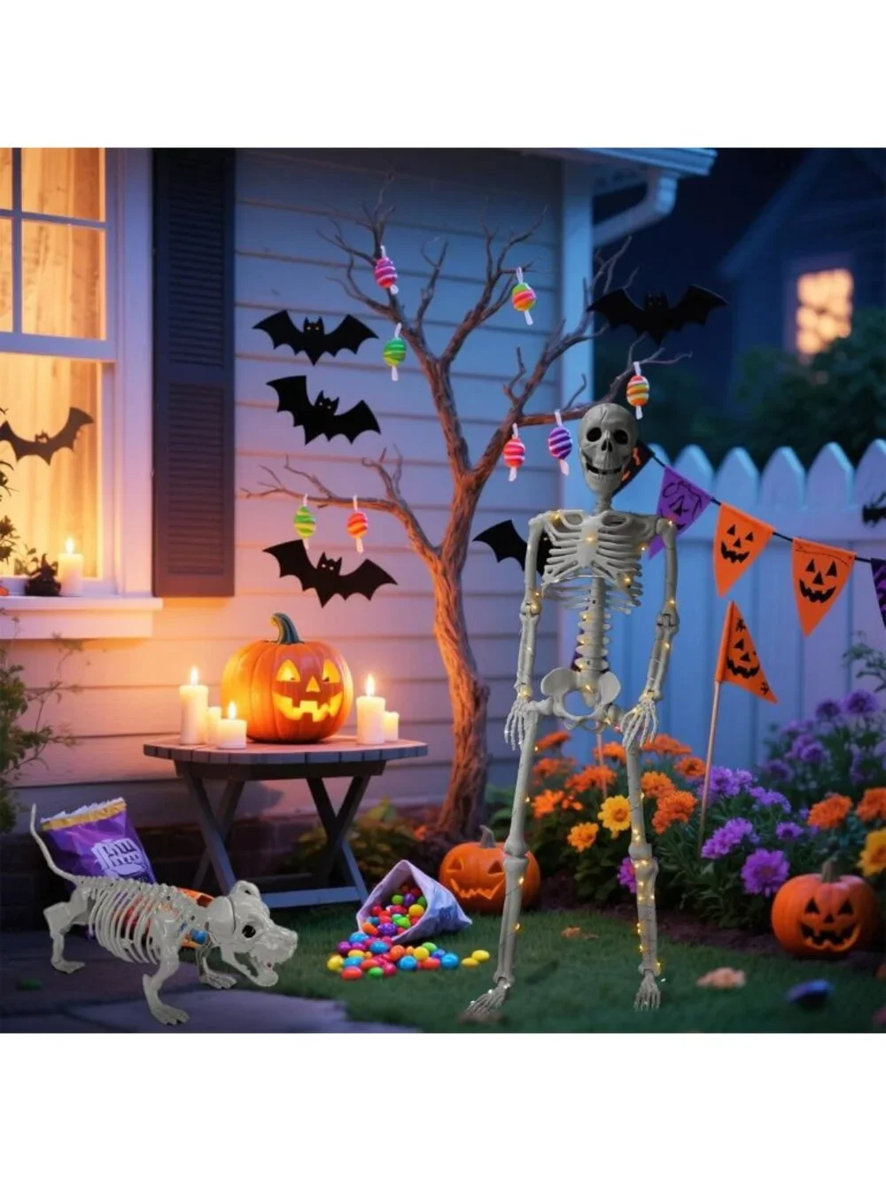 36-Inch Lighted Human & Dog Skeleton Halloween Decor - Spooky Indoor/Outdoor